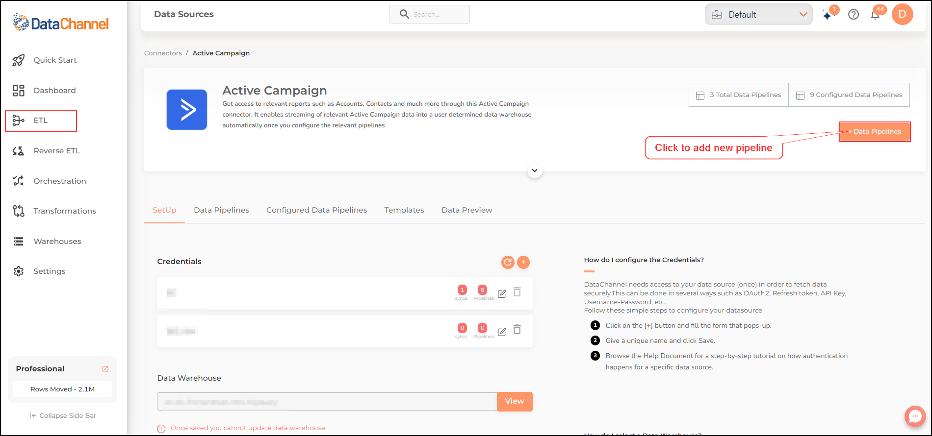 data source detail data pipelines add