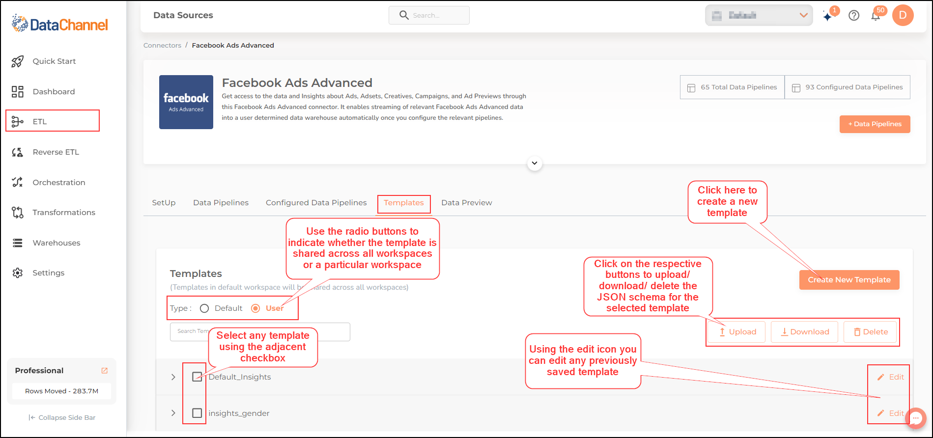 data source templates page