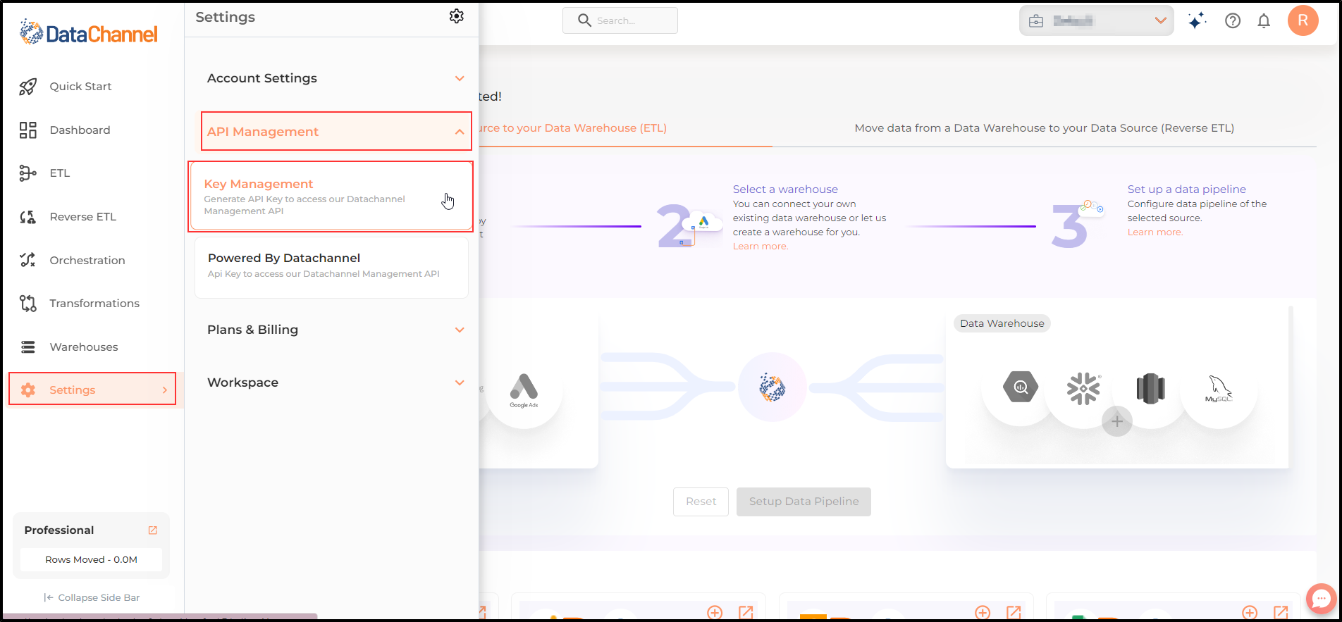 settings page key management menu option