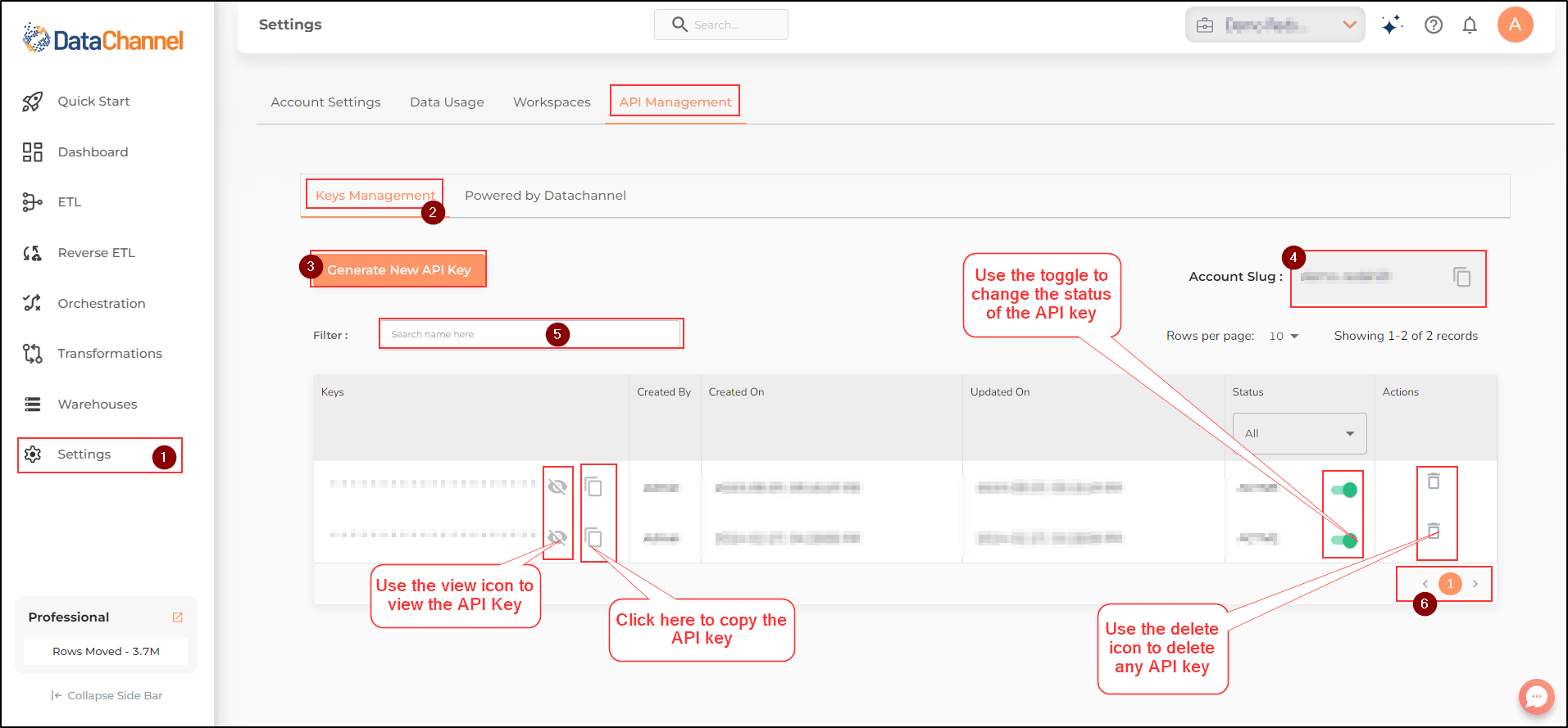 settings page key management tab