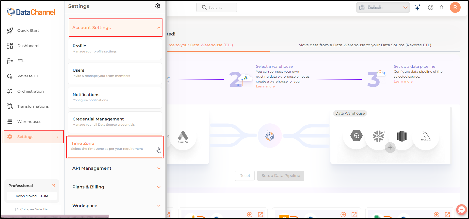 settings page timezone menu option