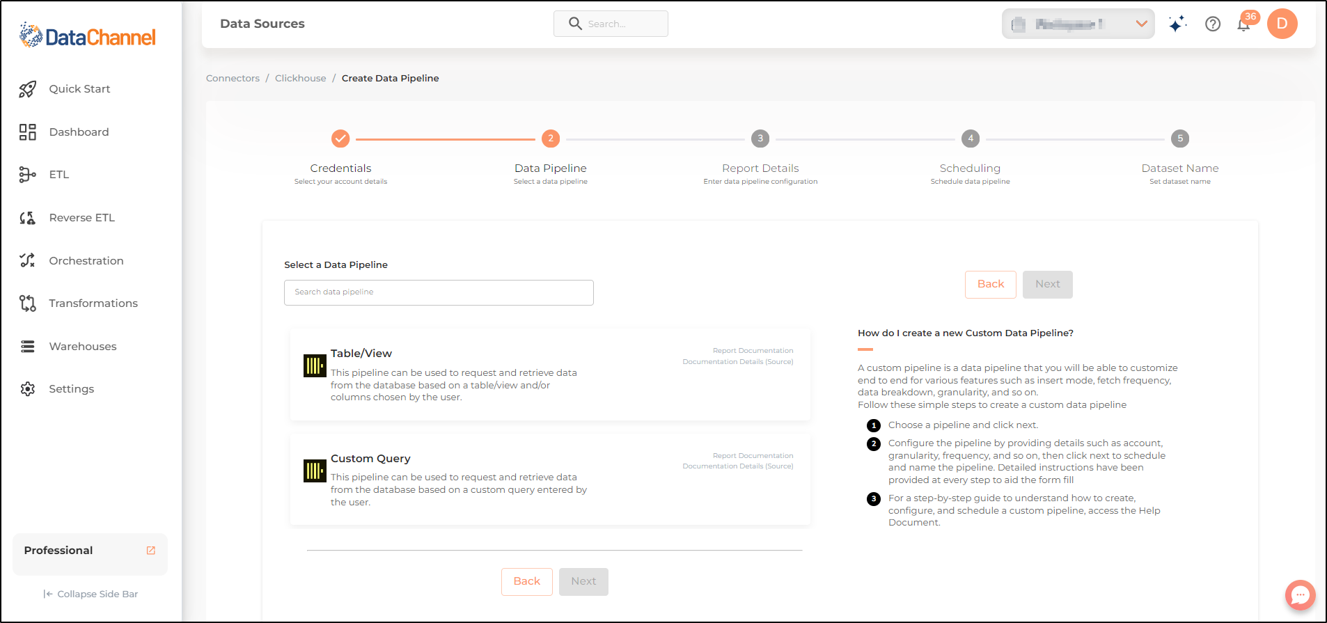 clickhousedb pipelines list