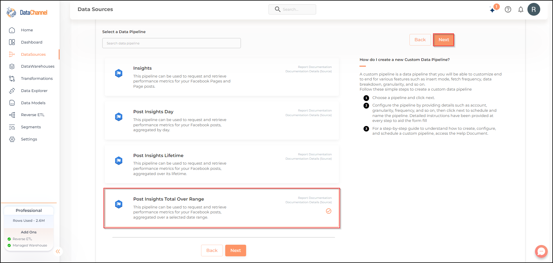 facebook pages post insights total over range list