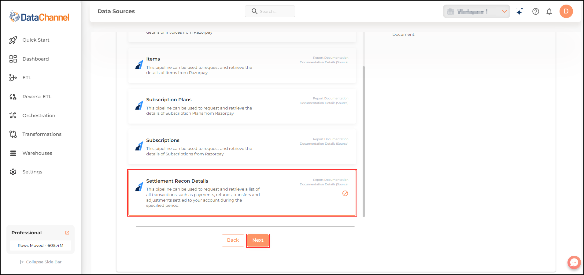 razorpay settlement recon details list