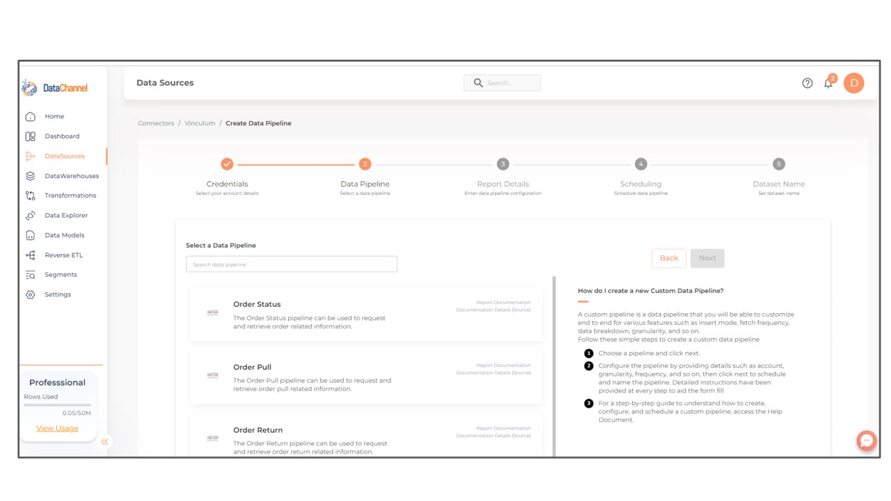 vinculum pipelines list