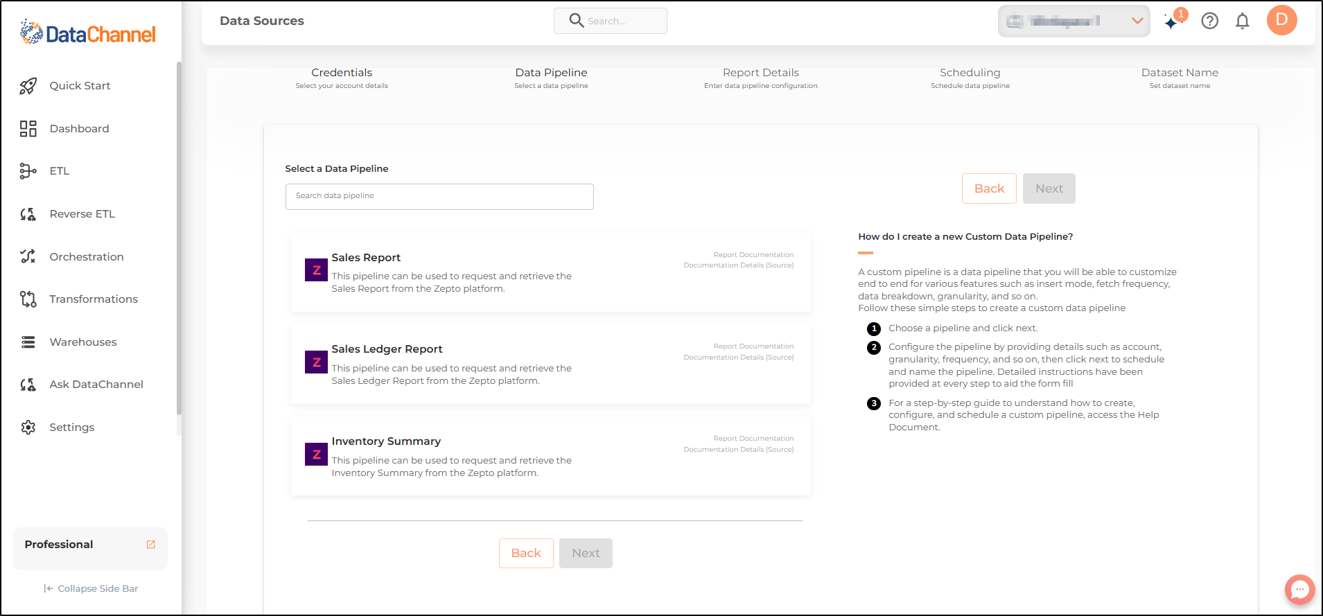 zepto pipelines list